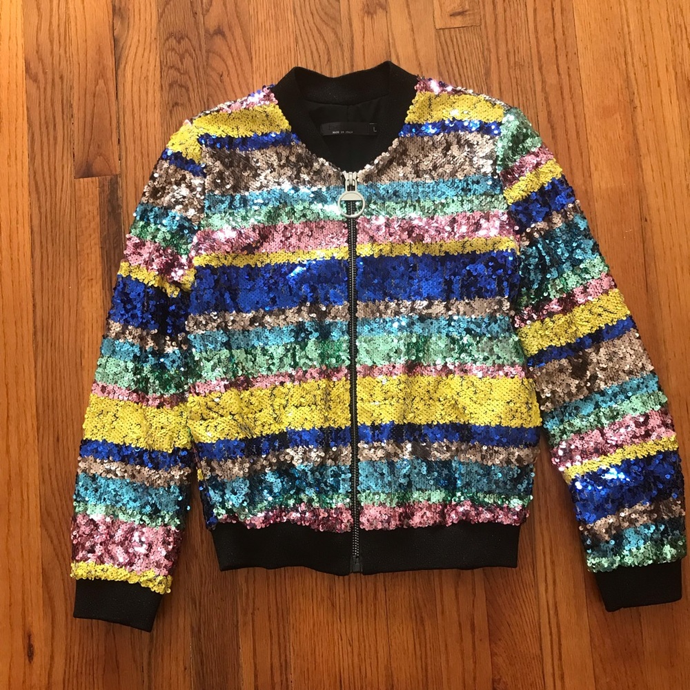 Bebe Multi color Rainbow Sequin Bomber Jacket